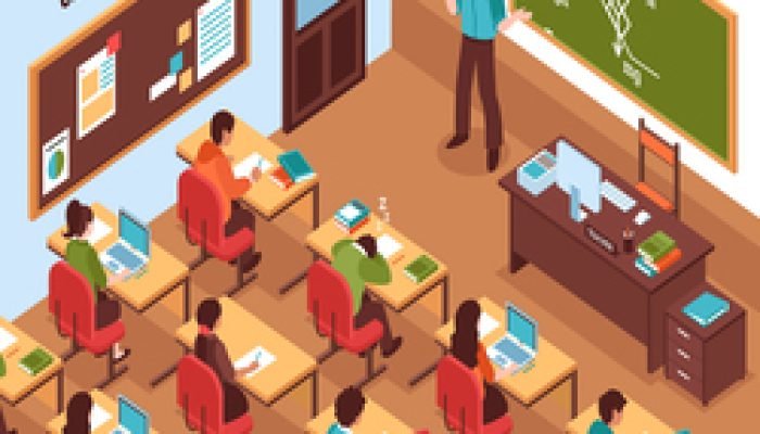 High school lesson isometric poster with teacher at chalkboard and listening students at their desks vector illustration